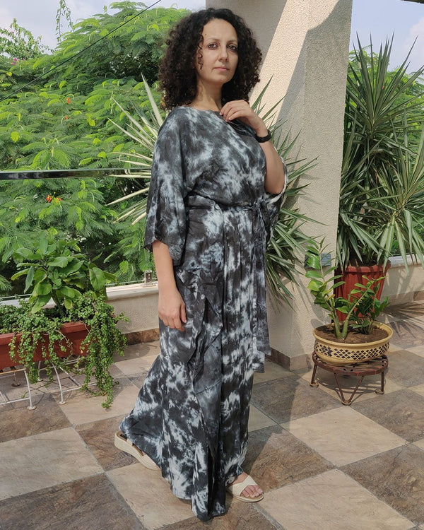 Rayon Long Kaftan Grey White Shibori Print With Boat Neck 1 (6546375934051)