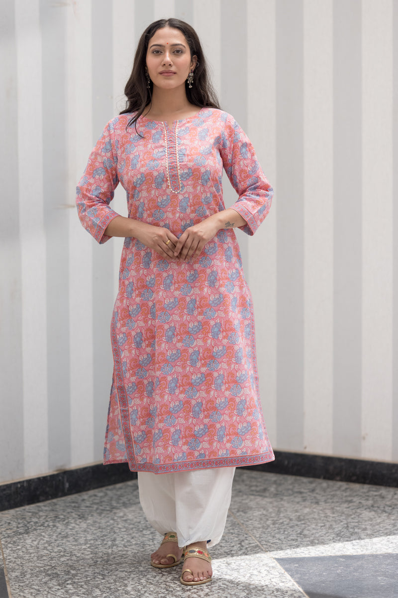 Pink Floral Cotton Kurta (6846742757475)