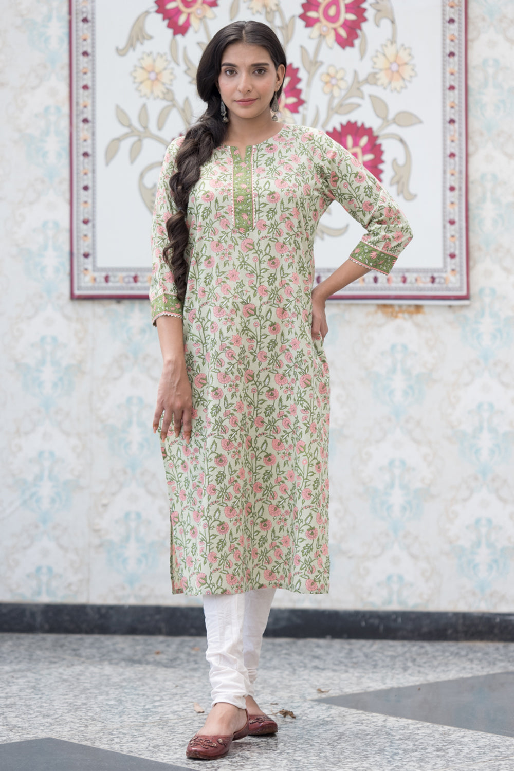 Pink Green Jaal Cotton Kurta (6846742855779)