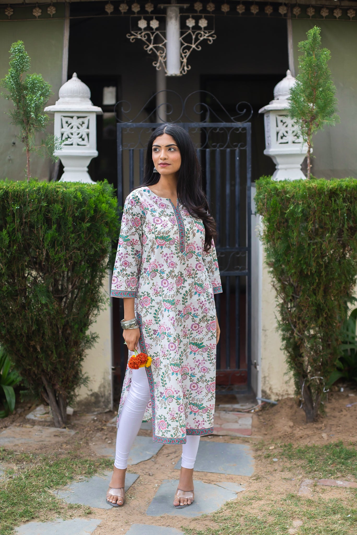 Cotton Straight Kurti - Purple Floral Jaal