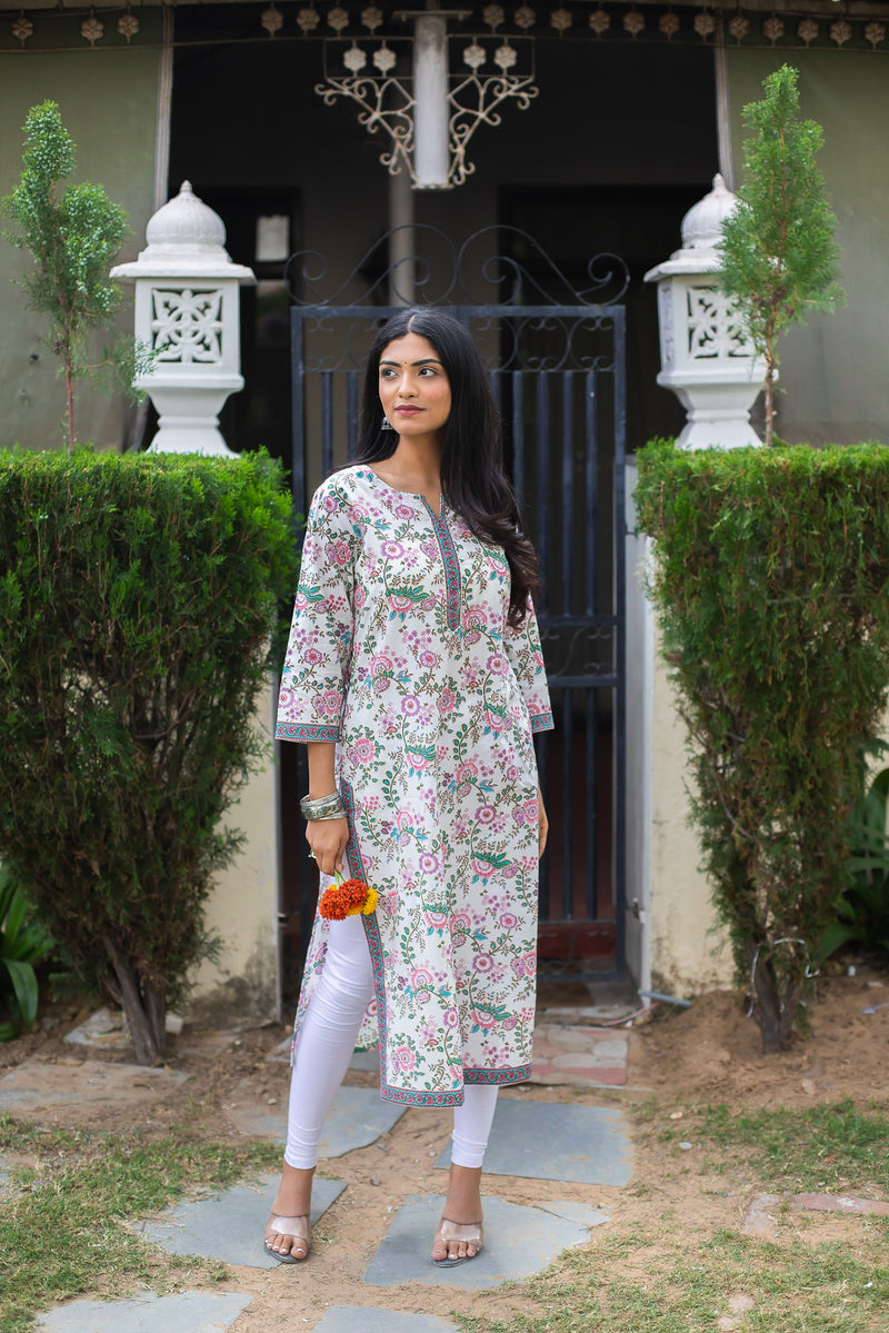 Cotton Straight Kurti - Purple Floral Jaal