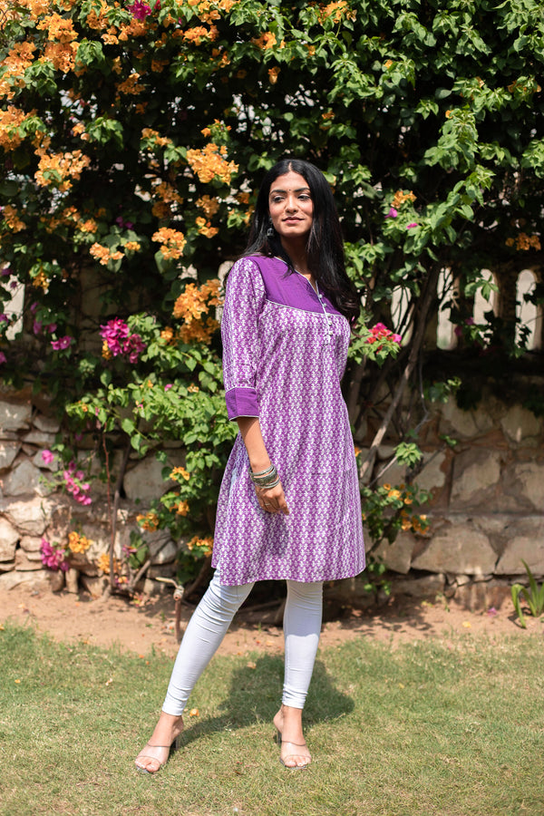 Blue colour With Green Floral Hand Block Print Pure Cotton Kurti for women  - Bella Pinks - 4187640