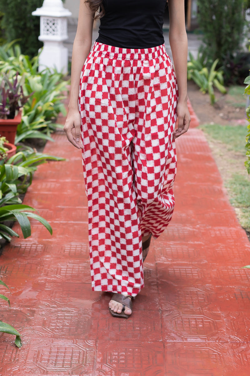 Cotton Straight Palazzo Checks Block Print 1