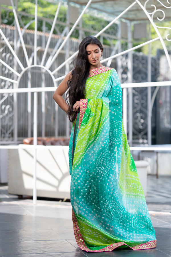 Sea Green Gotta Patti Bandhani Saree In Art Silk (6840633131107)