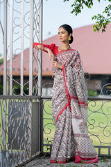 Peach-Blue Jaali Printed Chanderi Saree (6840633262179)