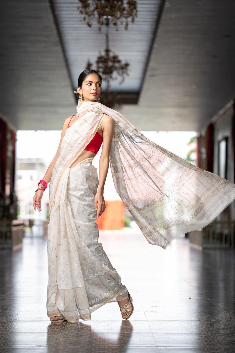 Pearl White Hand Block Printed Chanderi Saree (6840633426019)