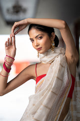 Pearl White Hand Block Printed Chanderi Saree (6840633426019)