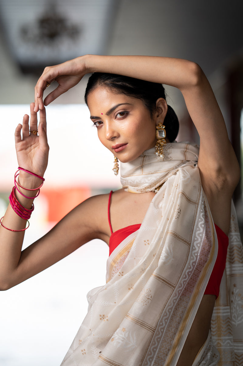Pearl White Hand Block Printed Chanderi Saree (6840633426019)