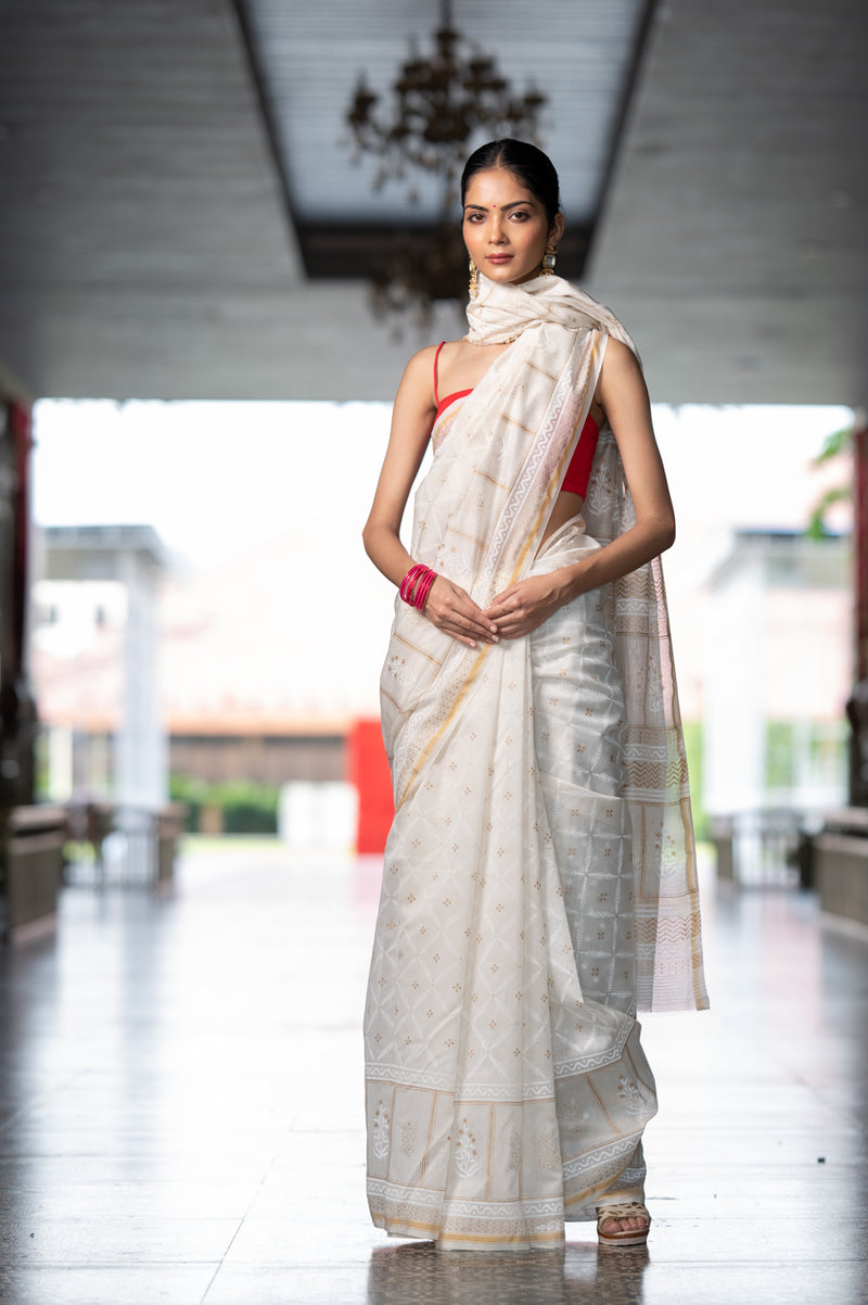 Pearl White Hand Block Printed Chanderi Saree (6840633426019)