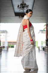 Pearl White Hand Block Printed Chanderi Saree (6840633426019)