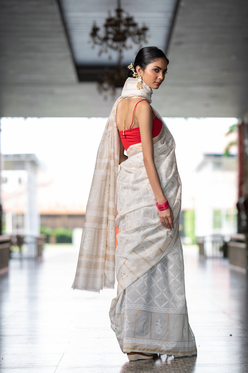 Pearl White Hand Block Printed Chanderi Saree (6840633426019)