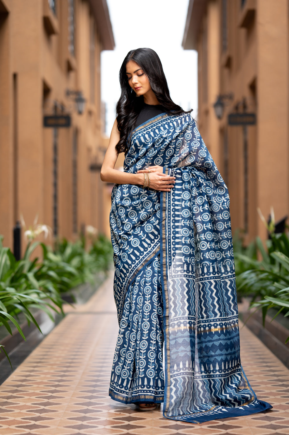 Dabu Indigo Handblock Printed Chanderi Saree (6838012608611)