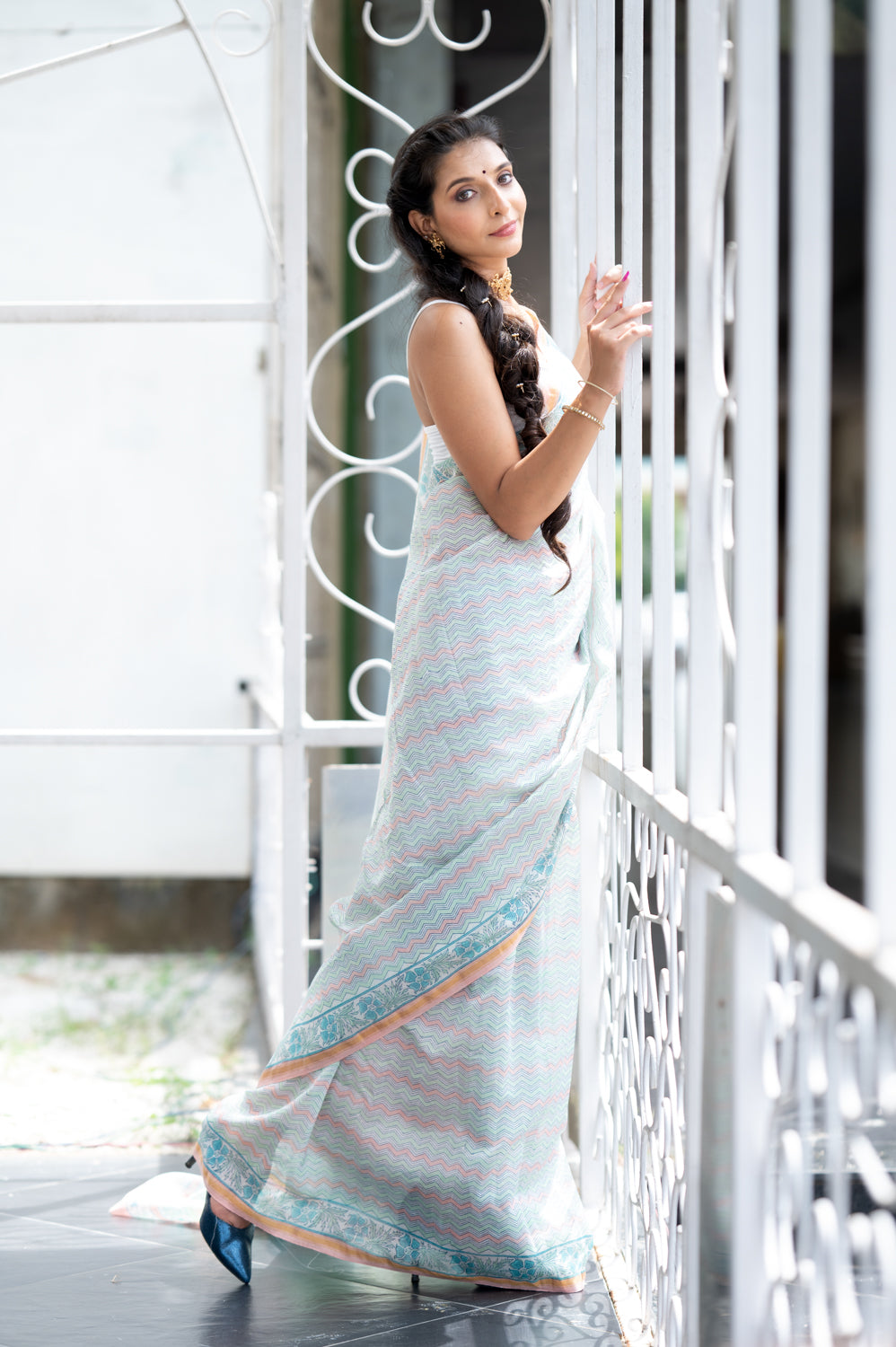Pastel Blue Chanderi Saree (6840633491555)