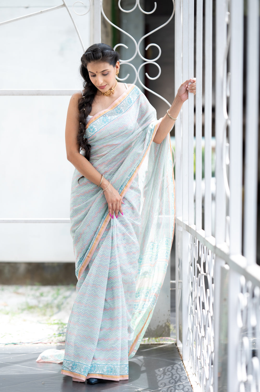 Pastel Blue Chanderi Saree (6840633491555)