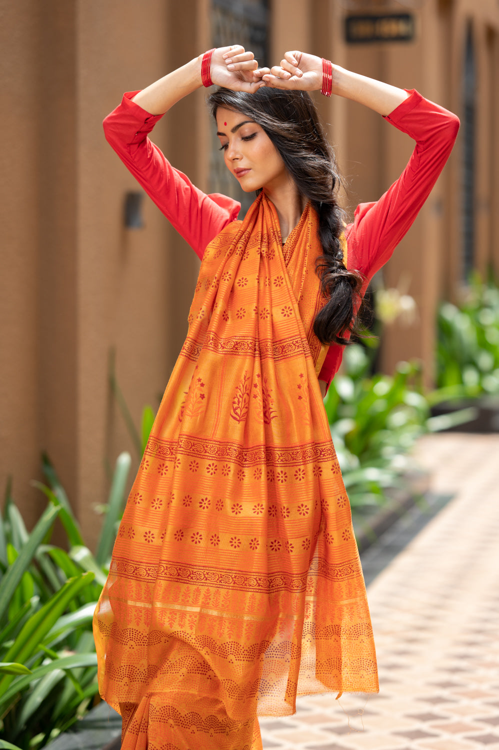 Kesariya Block Printed Chanderi Silk Saree (6840633622627)