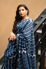 Indigo Pure Chanderi Hand Block Printed 'Zig-Zag Saree'. (6838012706915)