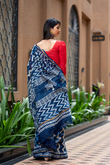 Indigo Pure Chanderi Hand Block Printed 'Zig-Zag Saree'. (6838012739683)