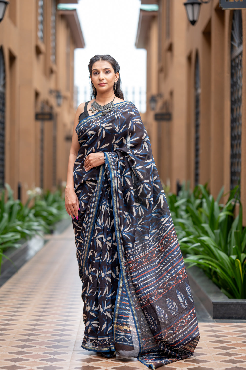 Dabu Leaves Indigo Handblock Printed Chanderi Saree (6838012772451)