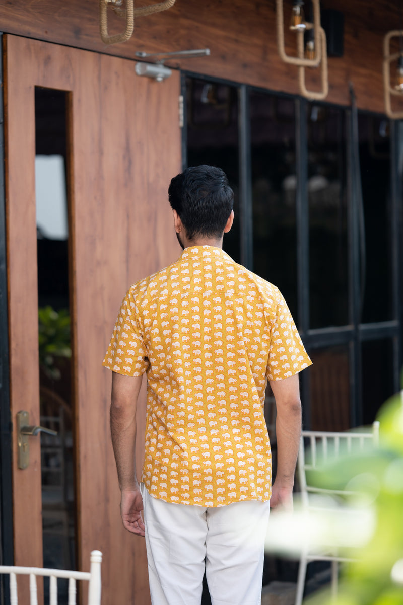 Cotton Comfort Fit Half Sleeves Shirt Mustard White Elephants Print 1 (6802535514211)