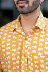 Cotton Comfort Fit Half Sleeves Shirt Mustard White Elephants Print 3 (6802535514211)