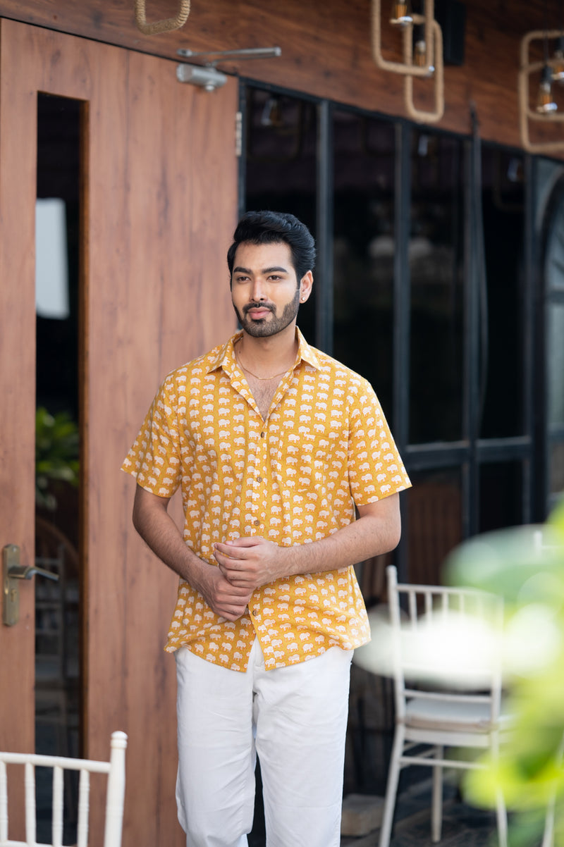 Cotton Comfort Fit Half Sleeves Shirt Mustard White Elephants Print (6802535514211)