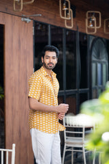 Cotton Comfort Fit Half Sleeves Shirt Mustard White Elephants Print 2 (6802535514211)