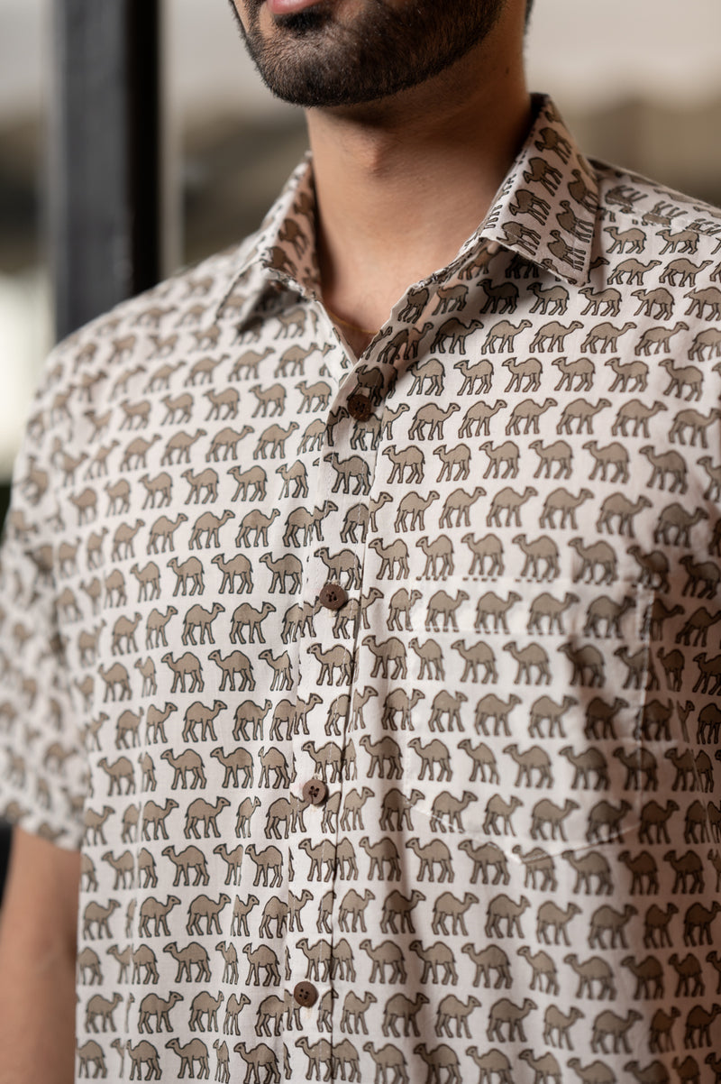 Cotton Comfort Fit Half Sleeves Shirt White Grey Camel Print 1 (6802535546979)
