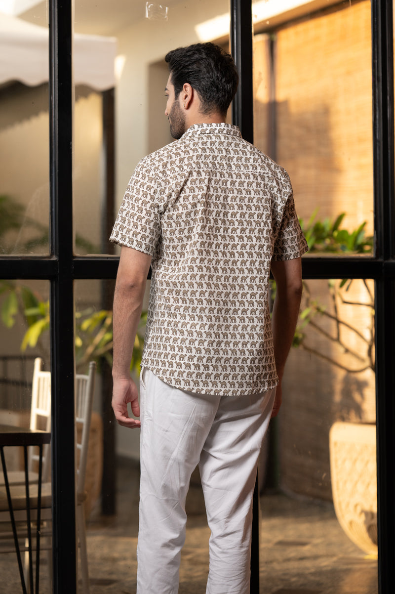 Cotton Comfort Fit Half Sleeves Shirt White Grey Camel Print 2 (6802535546979)