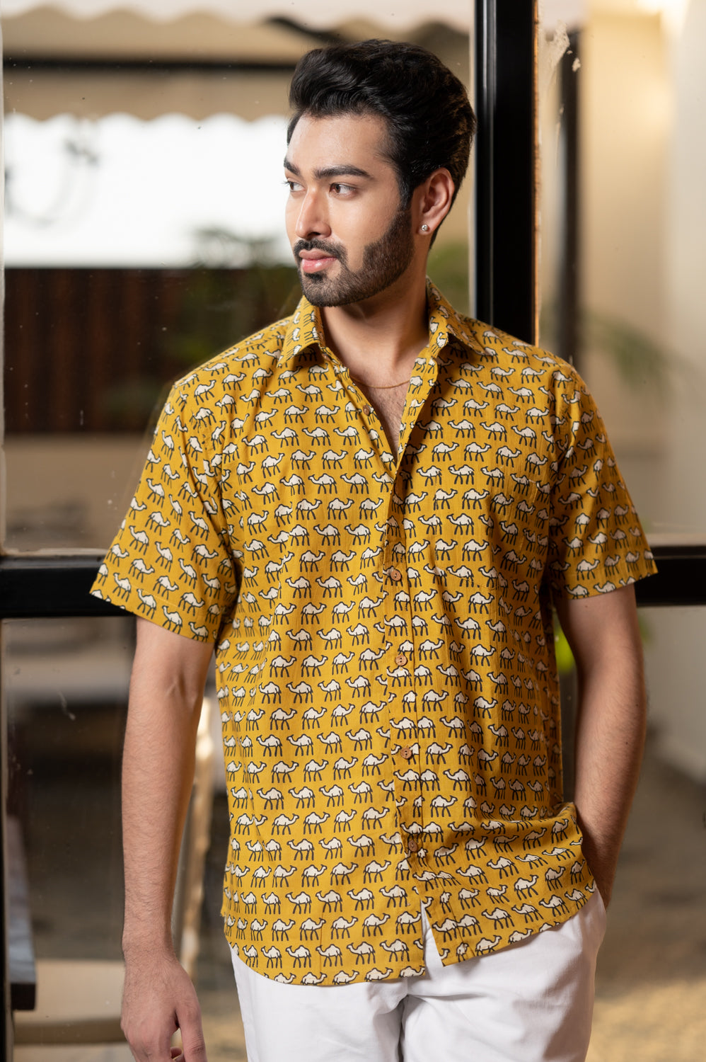 Cotton Comfort Fit Half Sleeves Shirt Mustard White Camel Print (6802535579747)