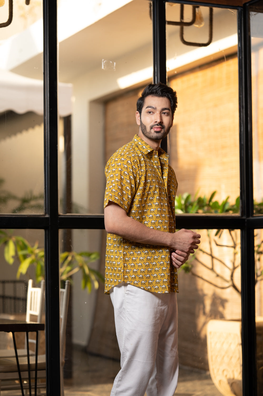 Cotton Comfort Fit Half Sleeves Shirt Mustard White Camel Print 1 (6802535579747)