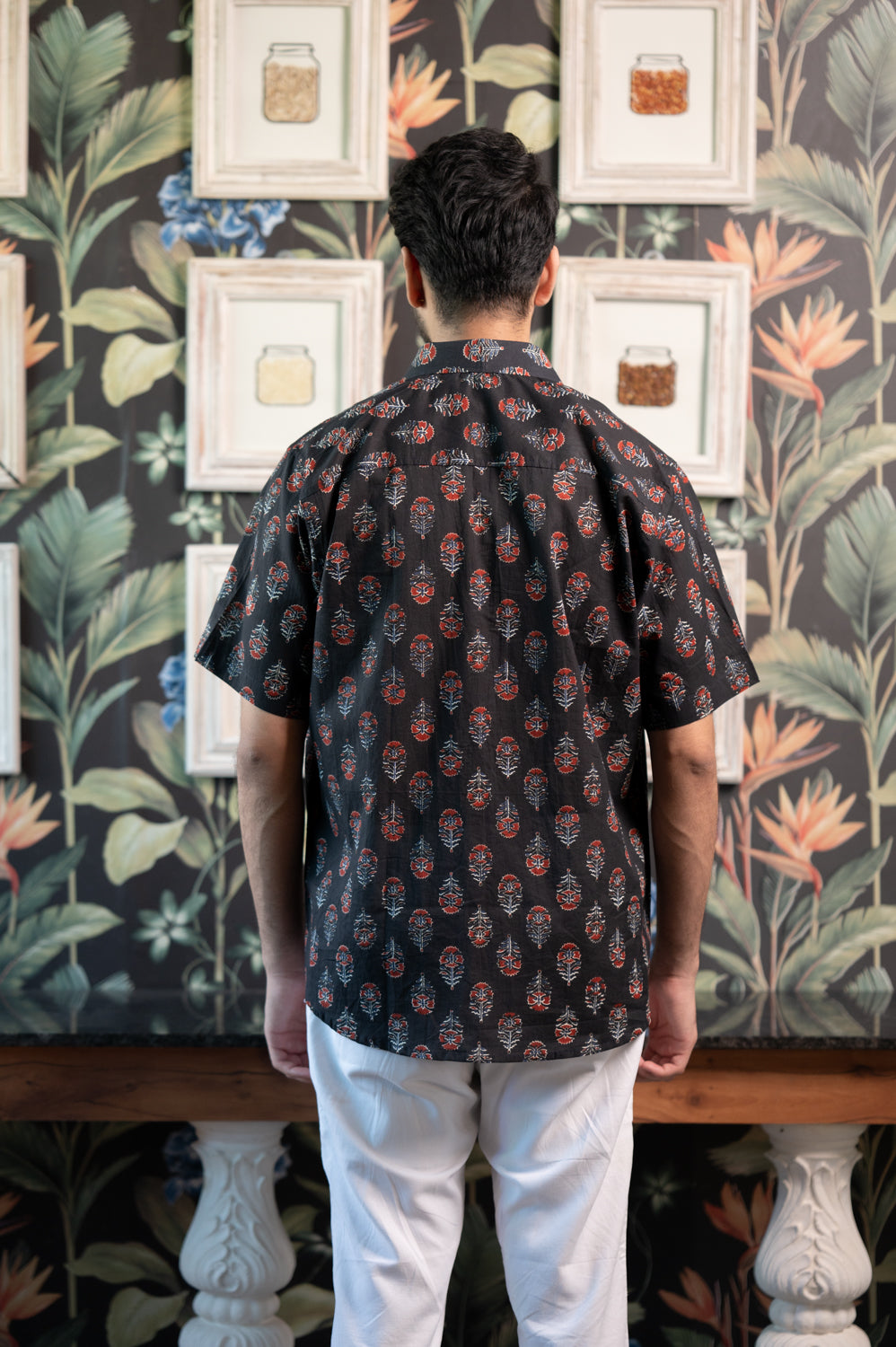 Cotton Comfort Fit Half Sleeves Shirt Black Red Floral Print 1 (6802535612515)