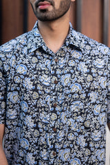 Cotton Comfort Fit Half Sleeves Shirt Black Blue Jaal Print (6802535645283)