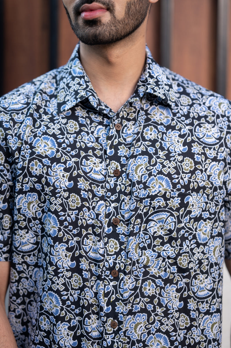 Cotton Comfort Fit Half Sleeves Shirt Black Blue Jaal Print (6802535645283)