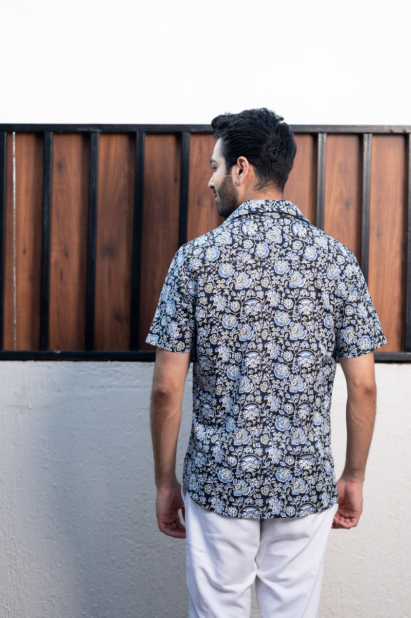 Cotton Comfort Fit Half Sleeves Shirt Black Blue Jaal Print (6802535645283)