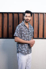 Cotton Comfort Fit Half Sleeves Shirt Black Blue Jaal Print (6802535645283)