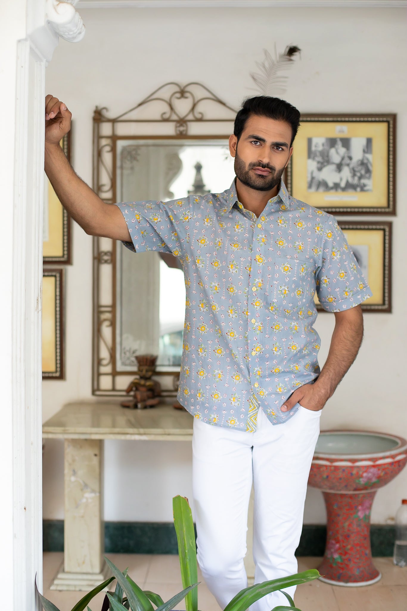 Grey Cotton Men's Shirt with Yellow Floral Buti 2