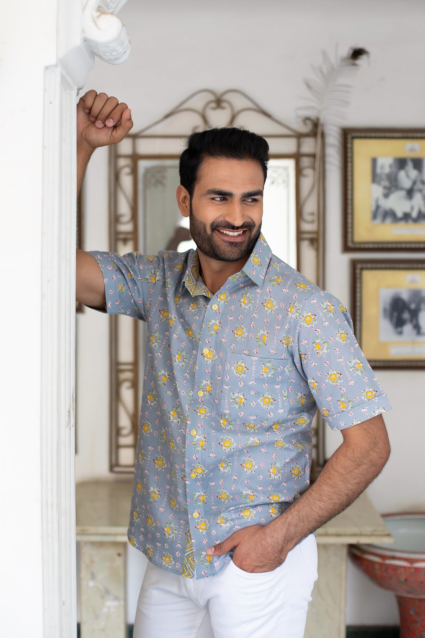 Grey Cotton Men's Shirt with Yellow Floral Buti