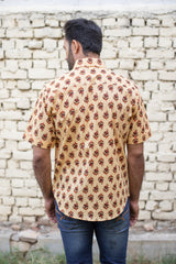 Champagne Yellow Cotton Men's Shirt with Brown Floral Buti 1