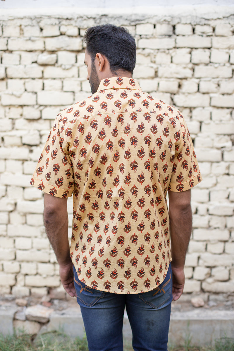 Champagne Yellow Cotton Men's Shirt with Brown Floral Buti 1