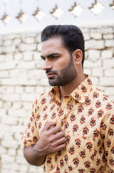 Champagne Yellow Cotton Men's Shirt with Brown Floral Buti 2