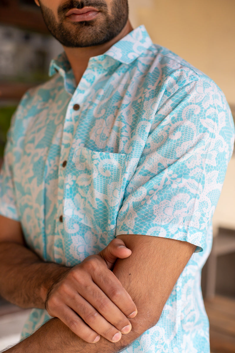 Sky Blue Cotton Men's Shirt with White Floral Jaal 1