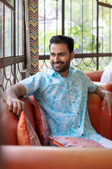Sky Blue Cotton Men's Shirt with White Floral Jaal