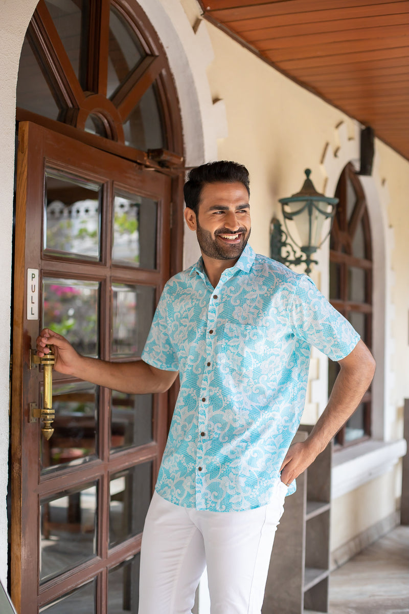 Sky Blue Cotton Men's Shirt with White Floral Jaal 2