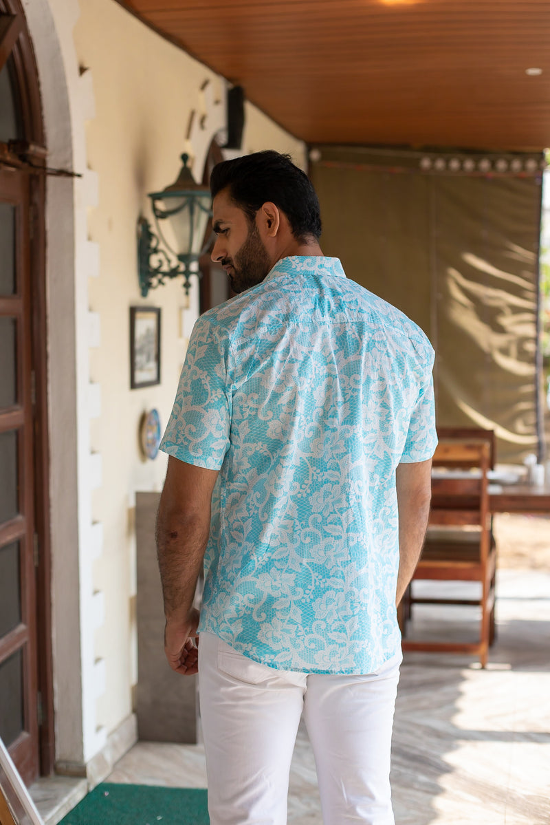 Sky Blue Cotton Men's Shirt with White Floral Jaal 3