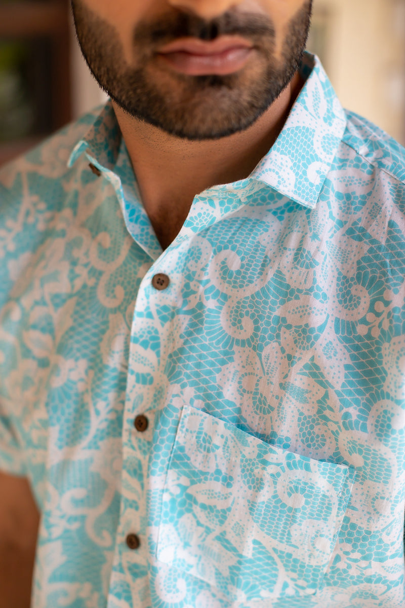 Sky Blue Cotton Men's Shirt with White Floral Jaal 4