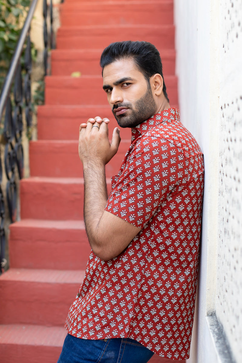 Red Cotton Men's Shirt with white Floral Buti 1