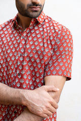 Red Cotton Men's Shirt with white Floral Buti 3