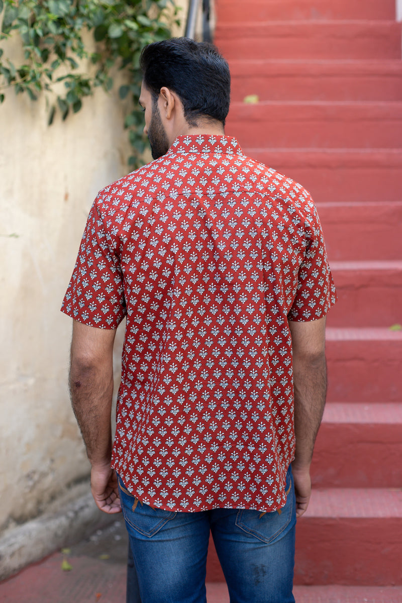 Red Cotton Men's Shirt with white Floral Buti 2