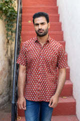 Red Cotton Men's Shirt with white Floral Buti