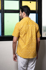 Cotton Comfort Fit Half Sleeves Shirt Mustard White Bandhej Print 2 (6802535678051)